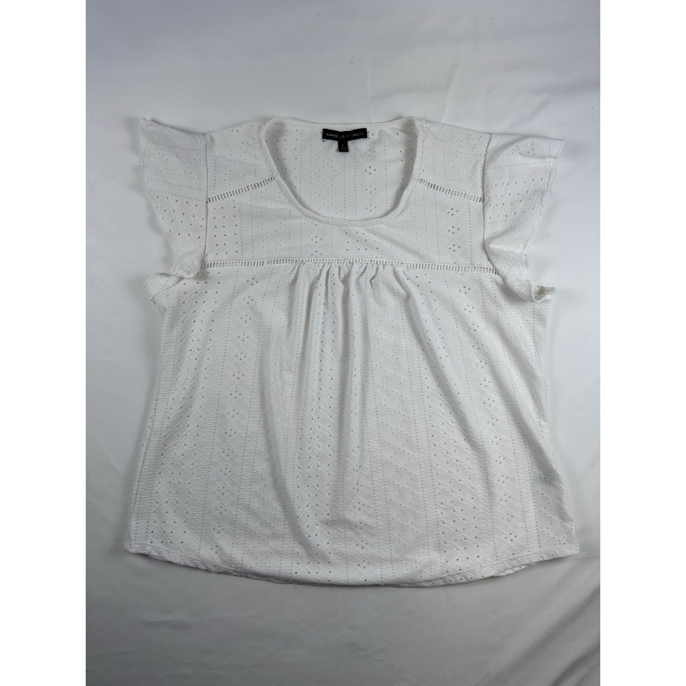 Adrienne Vittadini Women's White Eyelet Ruffle Short Sleeve Top Peplum Size XL‎